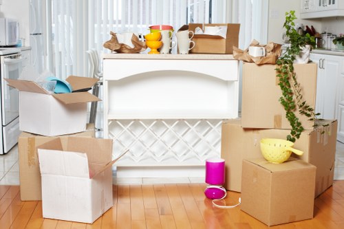 Packed boxes and furniture prepared for a residential move in Nags Head