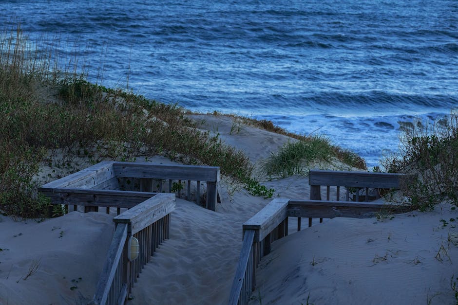 A set of weathered wooden stairs descending through sandy dunes towards the shoreline, with patches of green vegetation and bushes on either side. The sandy path leads to a pebble beach with waves gently lapping the shore, visible in the background under soft, natural lighting. The area is part of a coastal environment, featuring a natural and unspoiled landscape. The image may be used in the context of house removals or moving services to illustrate access routes or loading areas near seaside properties, as seen on the N19 moving costs and street access tips page for NAGS HEAD by Man with Van Nags Head, a professional removals company.